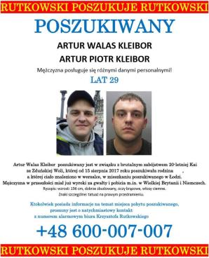 Rutkowski daje 5 tysięcy Euro za pomoc w odnalezieniu mordercy 20-letniej Kai ze Zduńskiej Woli - 29-letniego Artura Walasa Kleibora